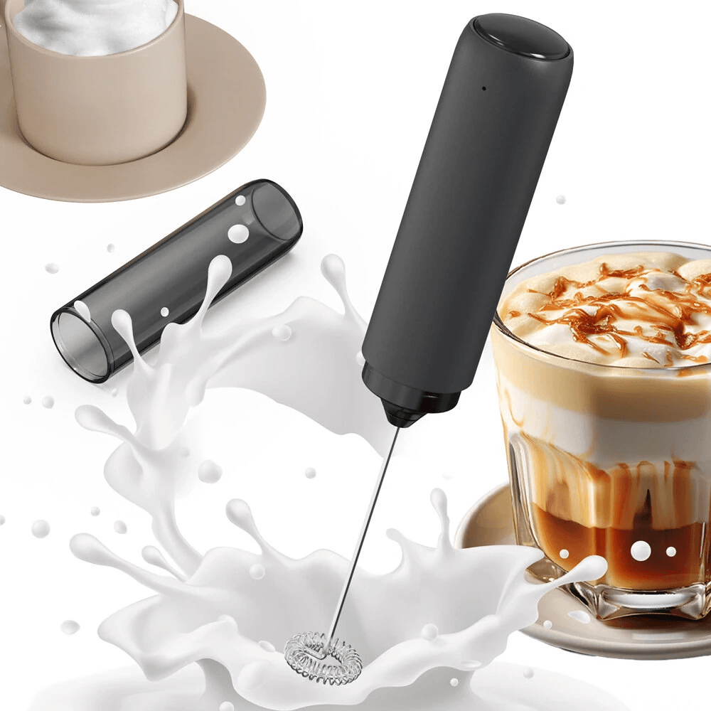 Black Electric Milk Frother Handheld Stainless Steel Whisk Mixer for Coffee and Hot Chocolate