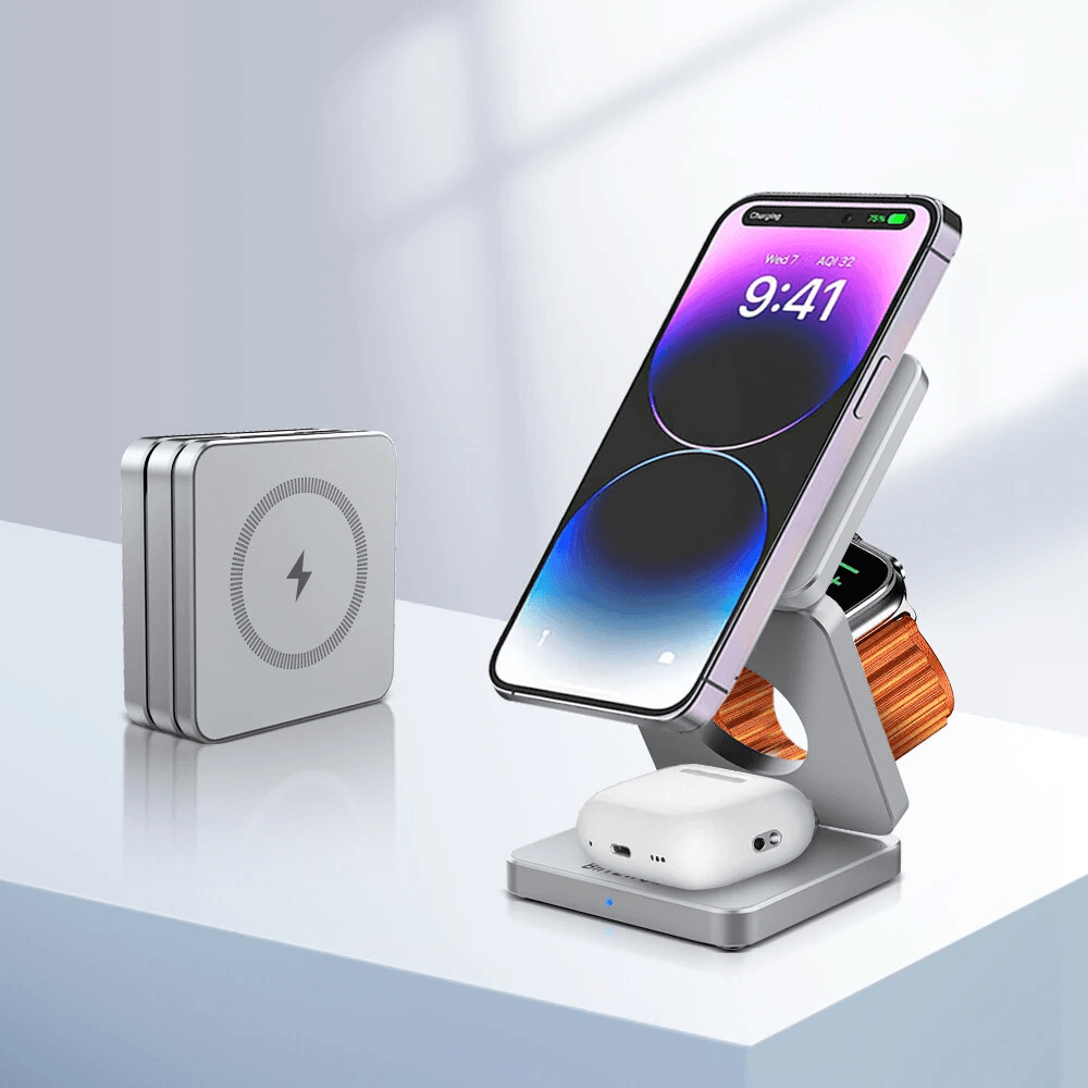 Foldable wireless charger fast charging station for multiple devices silver