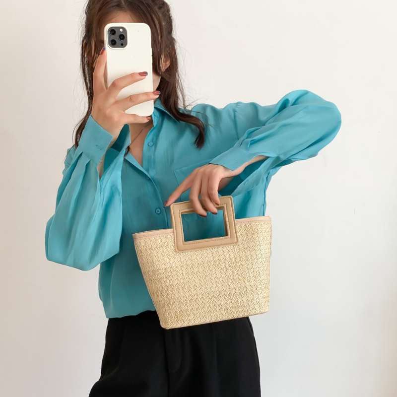 Square Straw Woven Handbag Faux Leather Trim Mini Tote for Women Vacation Style