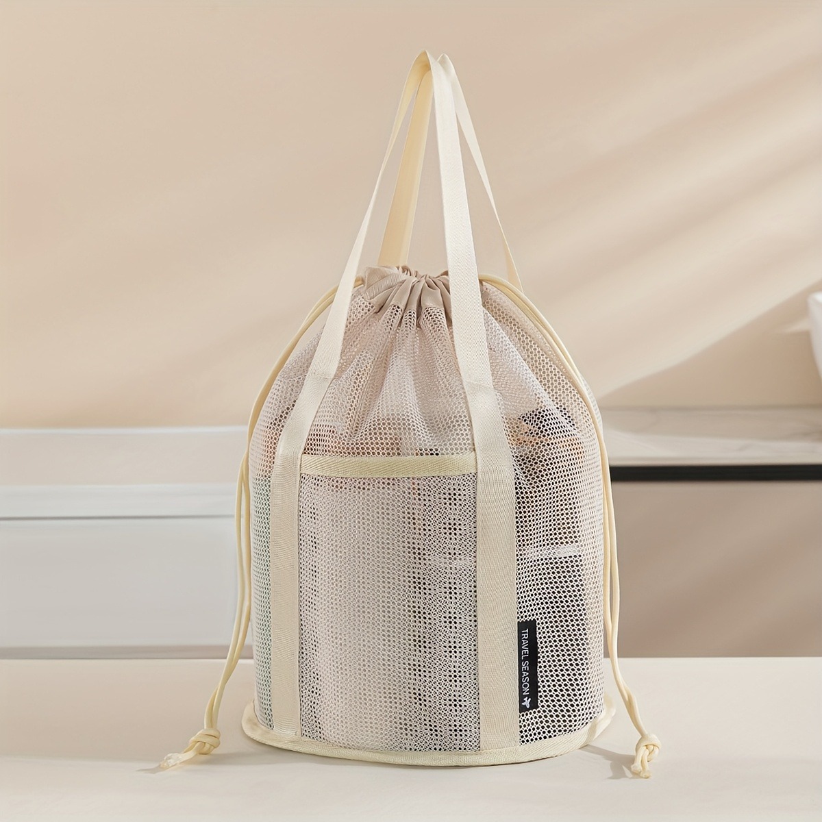 Large Capacity Mesh Beach Bag Shoulder Tote Drawstring Storage Pouch for Travel and Summer