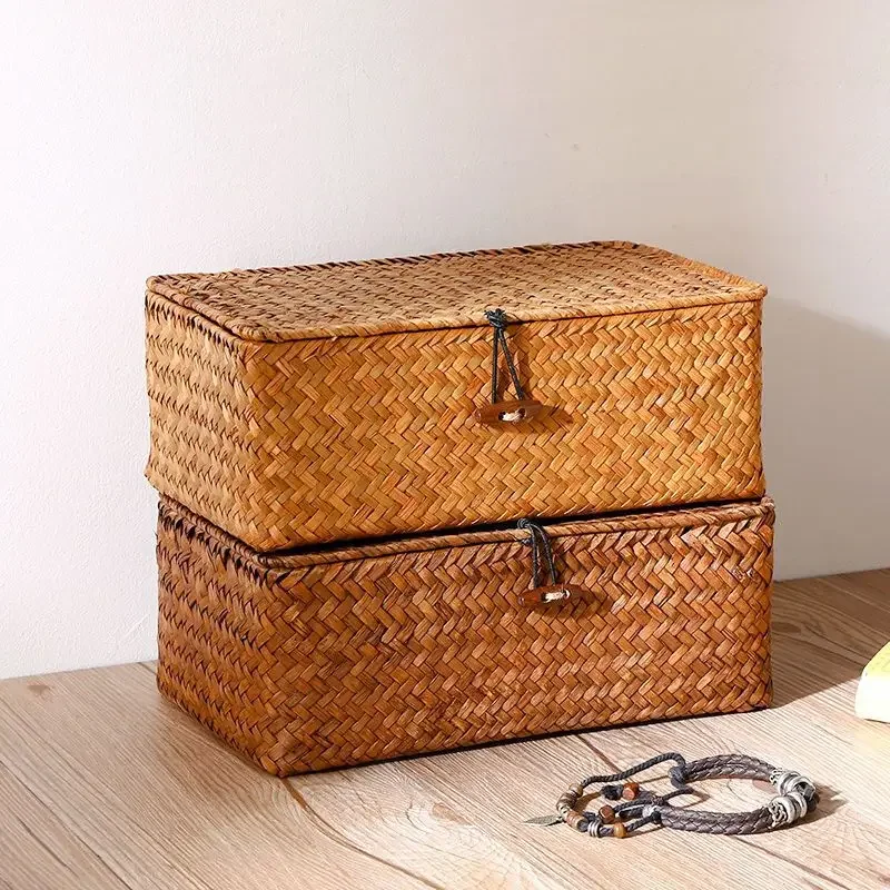 Handmade Straw Woven Storage Basket Vintage Desktop Organizer for Bathroom and Home