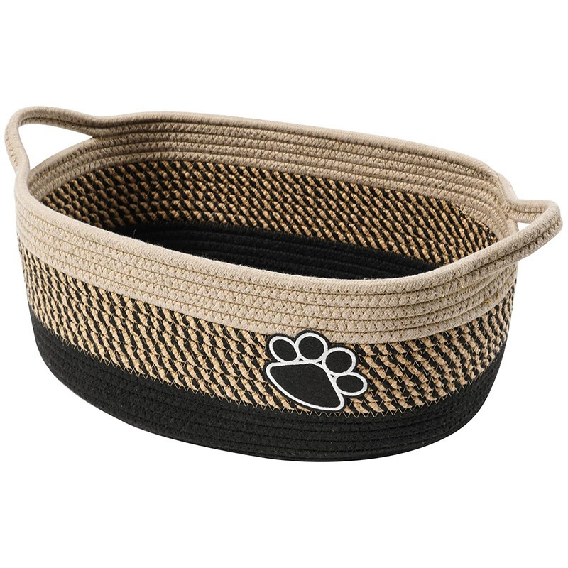 Handmade Woven Dog Toy Basket with Handle Paw Print Pet Storage Organizer