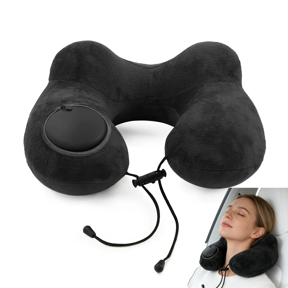 Portable Press Inflate Travel Neck Pillow With Detachable Washable Cover