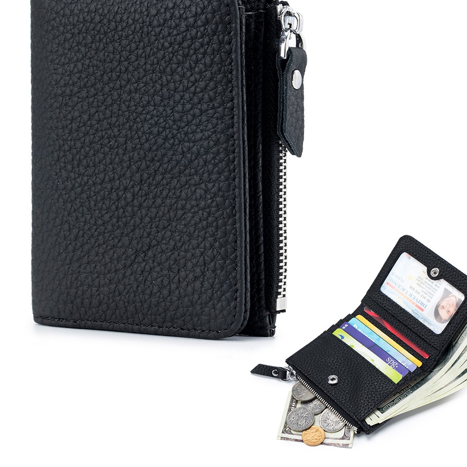 Compact Genuine Leather RFID Wallet Slim Zipper Coin Purse for Men and Women