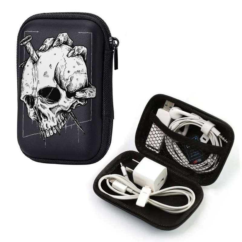 Skull Print EVA Hard Case Portable Electronics Organizer for Headphones and Cables