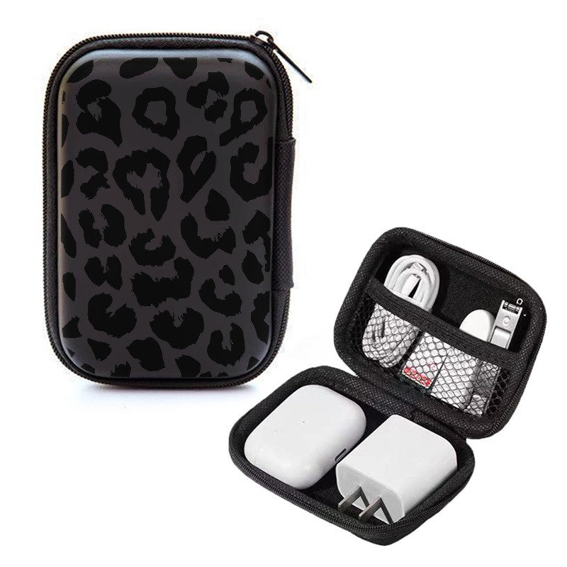 Black Leopard Print EVA Hard Shell Electronics Organizer Bag for Cables and Accessories