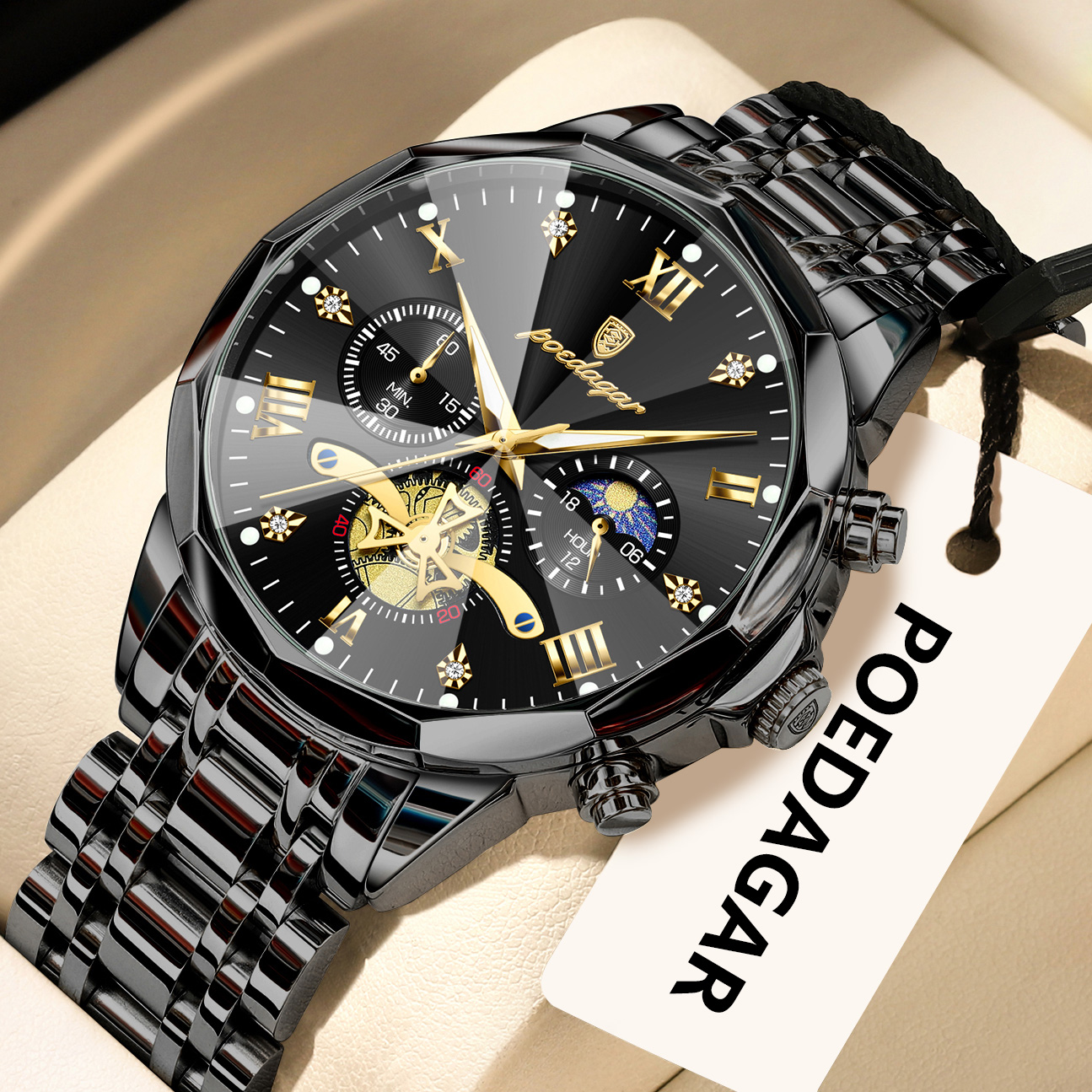 Luxury Mens Stainless Steel Quartz Chronograph Watch Waterproof Luminous Wristwatch