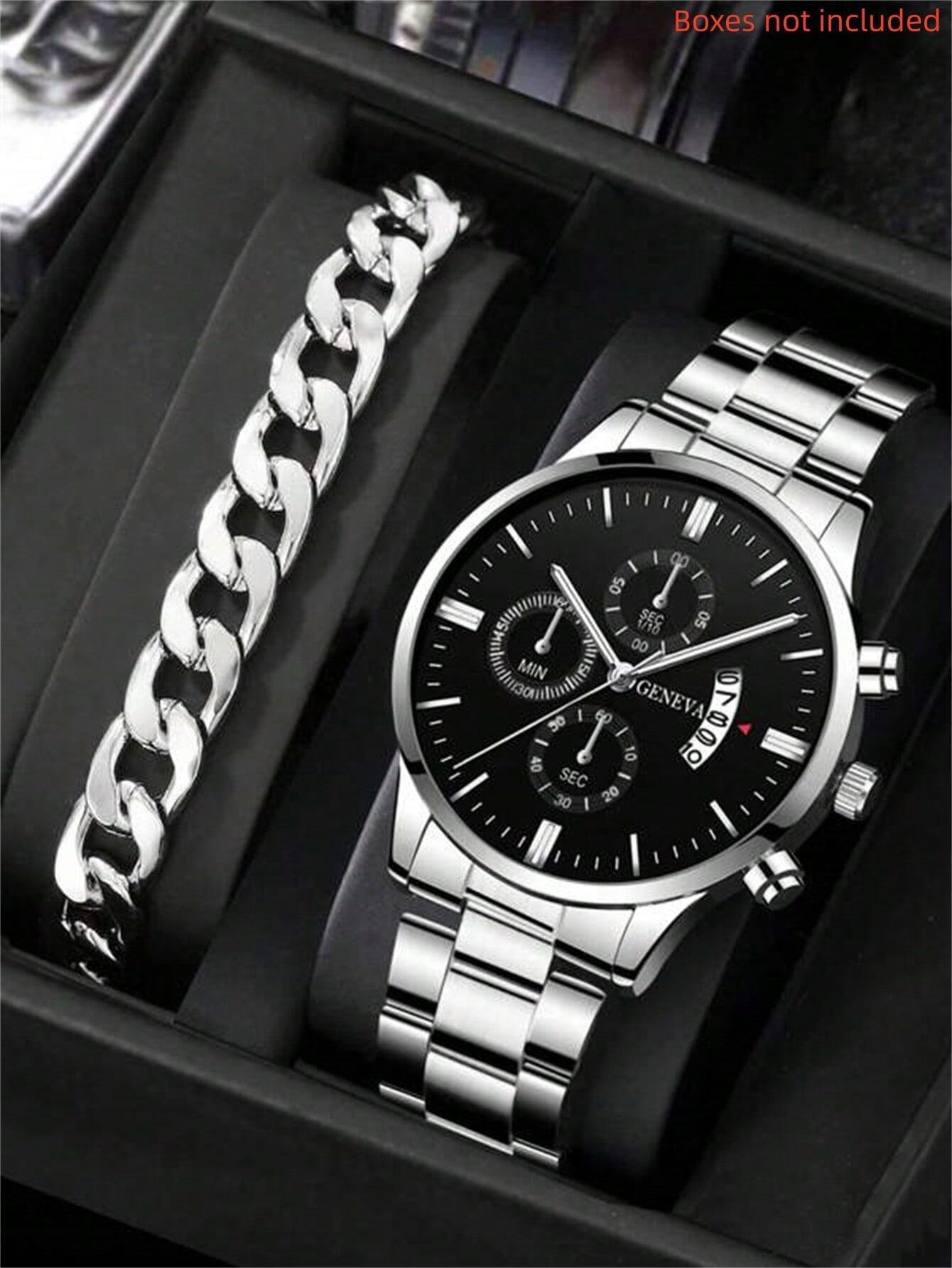 Luxury Men Business Watch Stainless Steel Calendar Big Dial Quartz Wristwatch Set