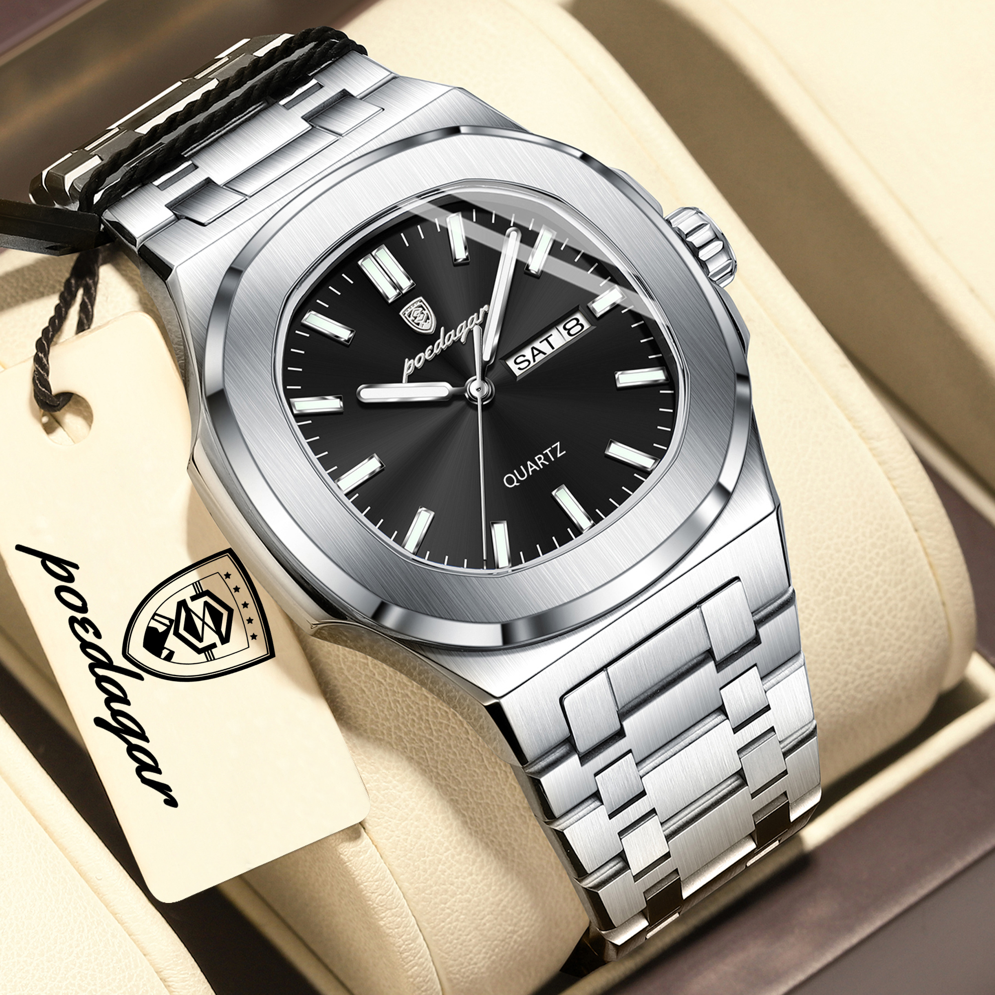 Luxury Mens Square Quartz Watch with Stainless Steel Band and Date Display