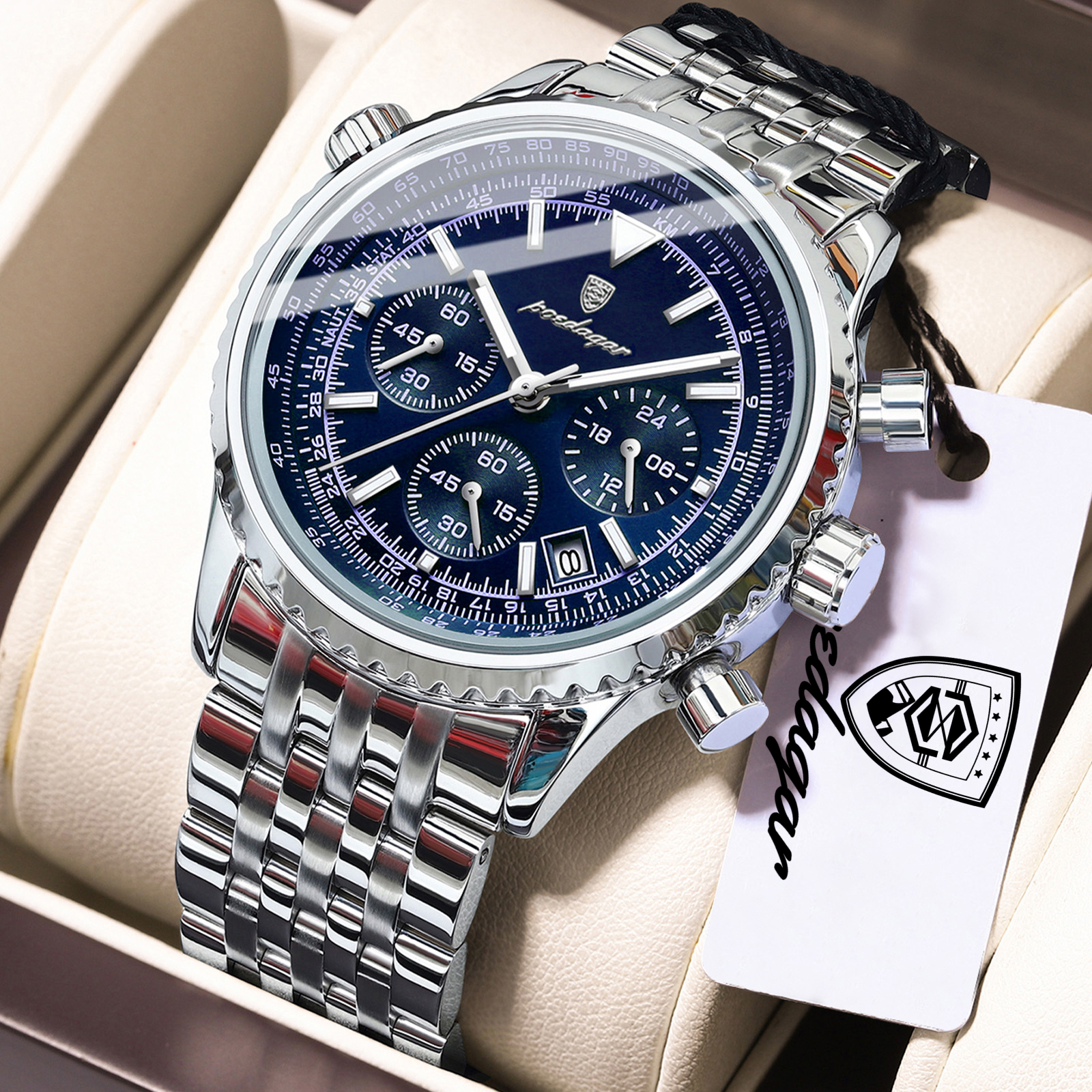Luxury Business Mens Stainless Steel Chronograph Watch with Date and Luminous Display