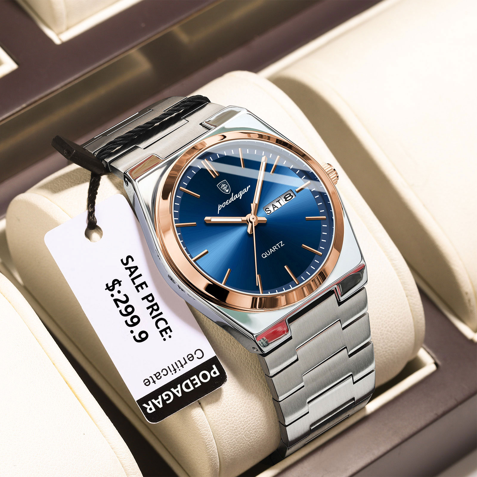 Luxury Mens Waterproof Luminous Quartz Watch with Date Week Display and Stainless Steel Band