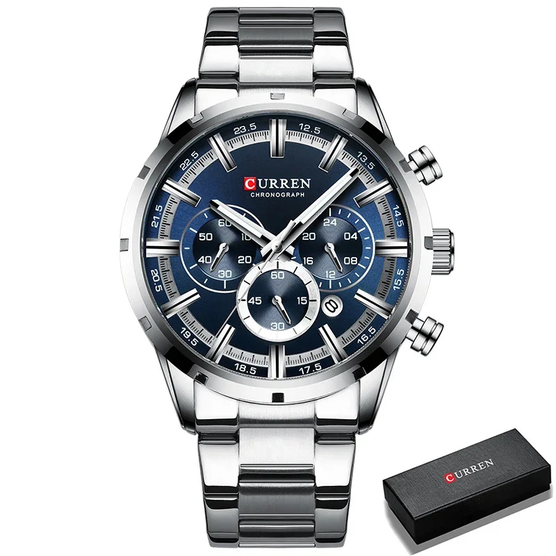 Mens Multifunctional Stainless Steel Business Watch with Waterproof Calendar Design