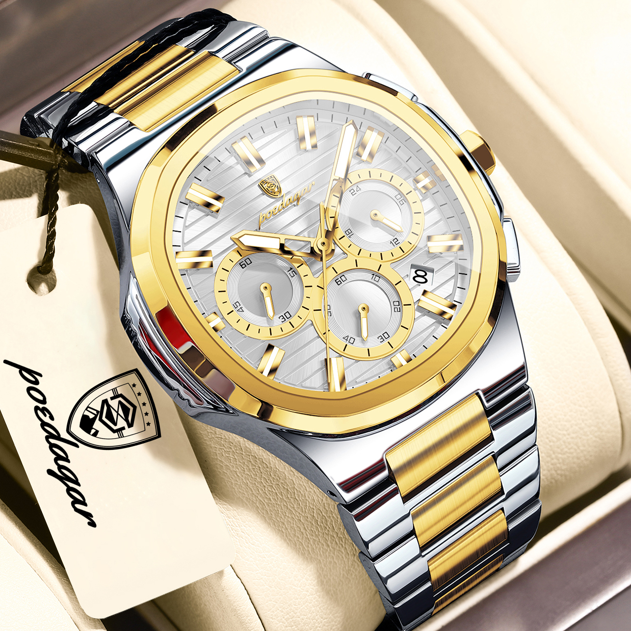 Luxury Stainless Steel Mens Chronograph Watch Waterproof Luminous Business Quartz Watch