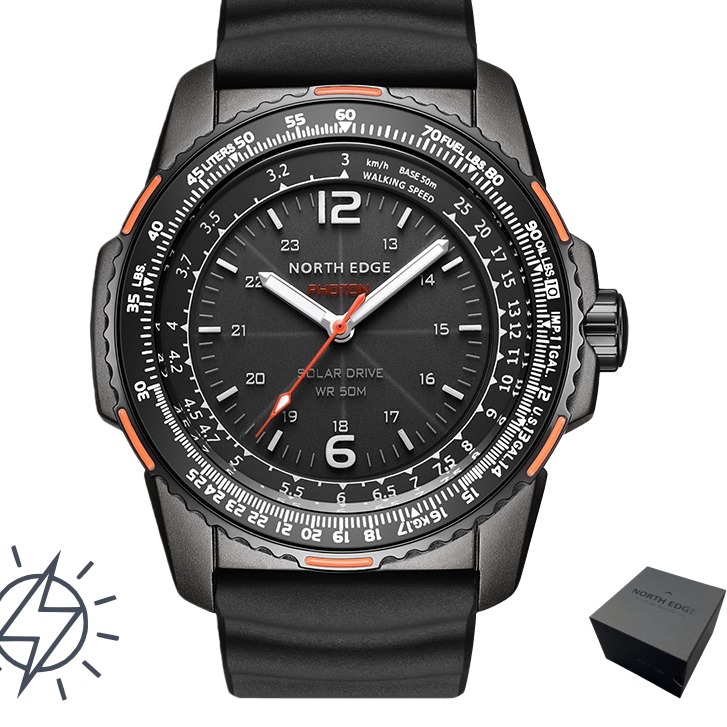 Solar Powered Mens Sport Quartz Watch Waterproof with Silicone Strap