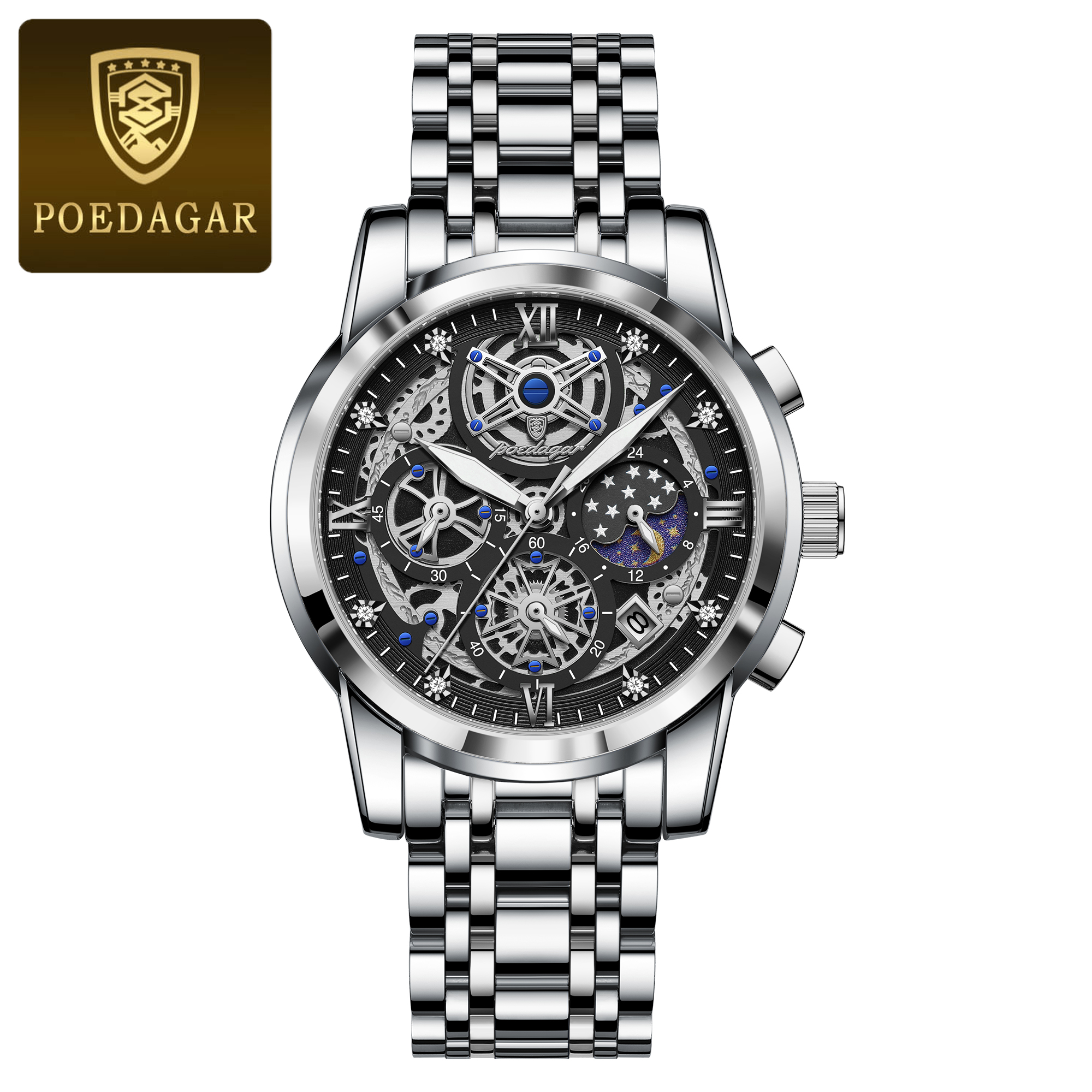 Luxury Mens Quartz Chronograph Watch Stainless Steel Waterproof Luminous Date Wristwatch