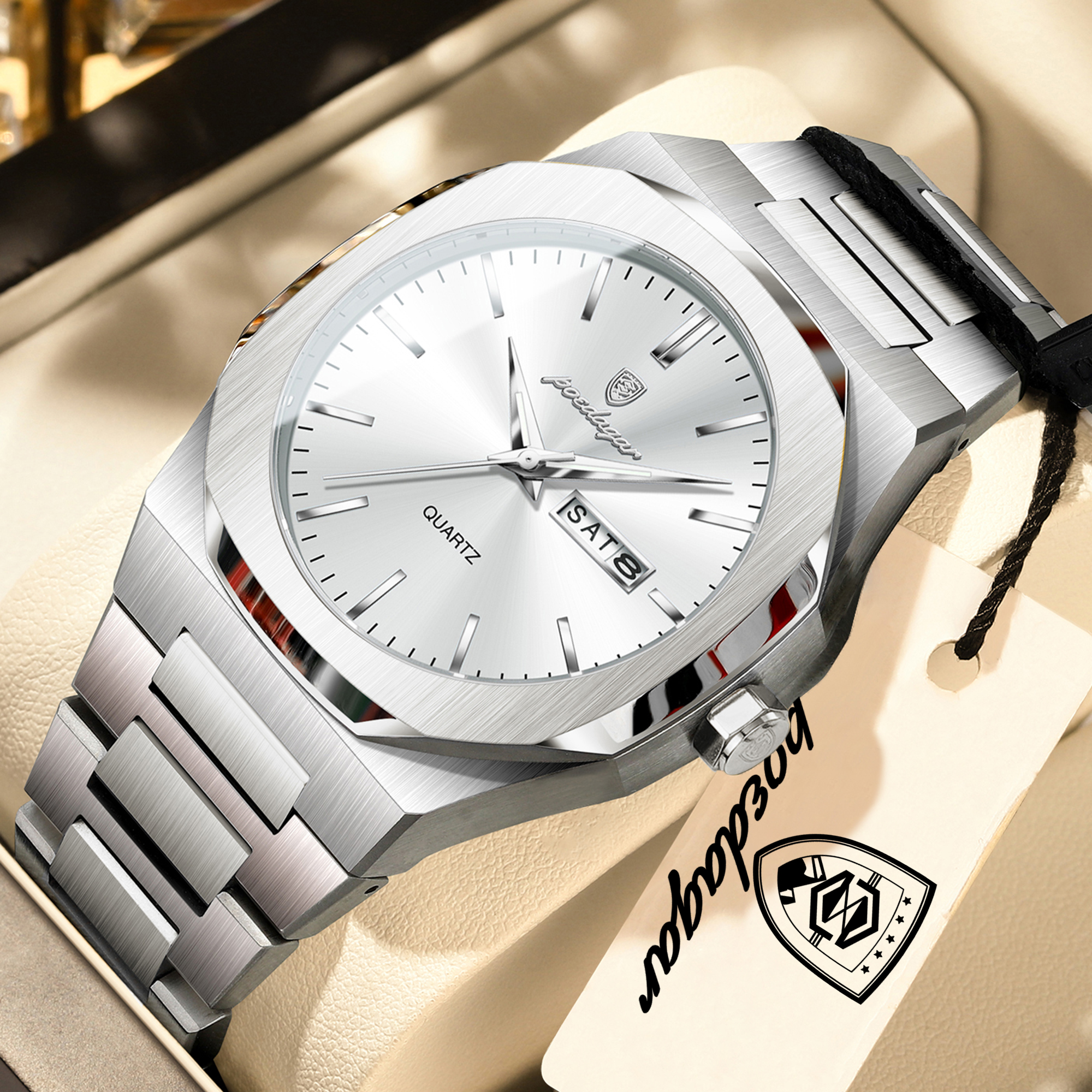 Luxury Mens Waterproof Luminous Stainless Steel Quartz Watch with Date Week Display