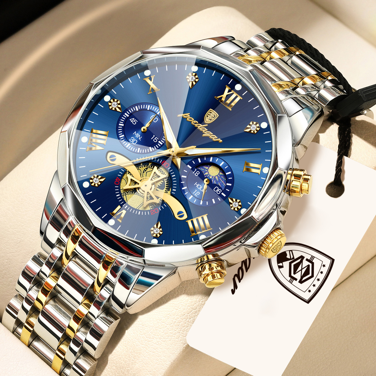 Luxury Stainless Steel Mens Quartz Chronograph Watch with Waterproof Luminous Dial