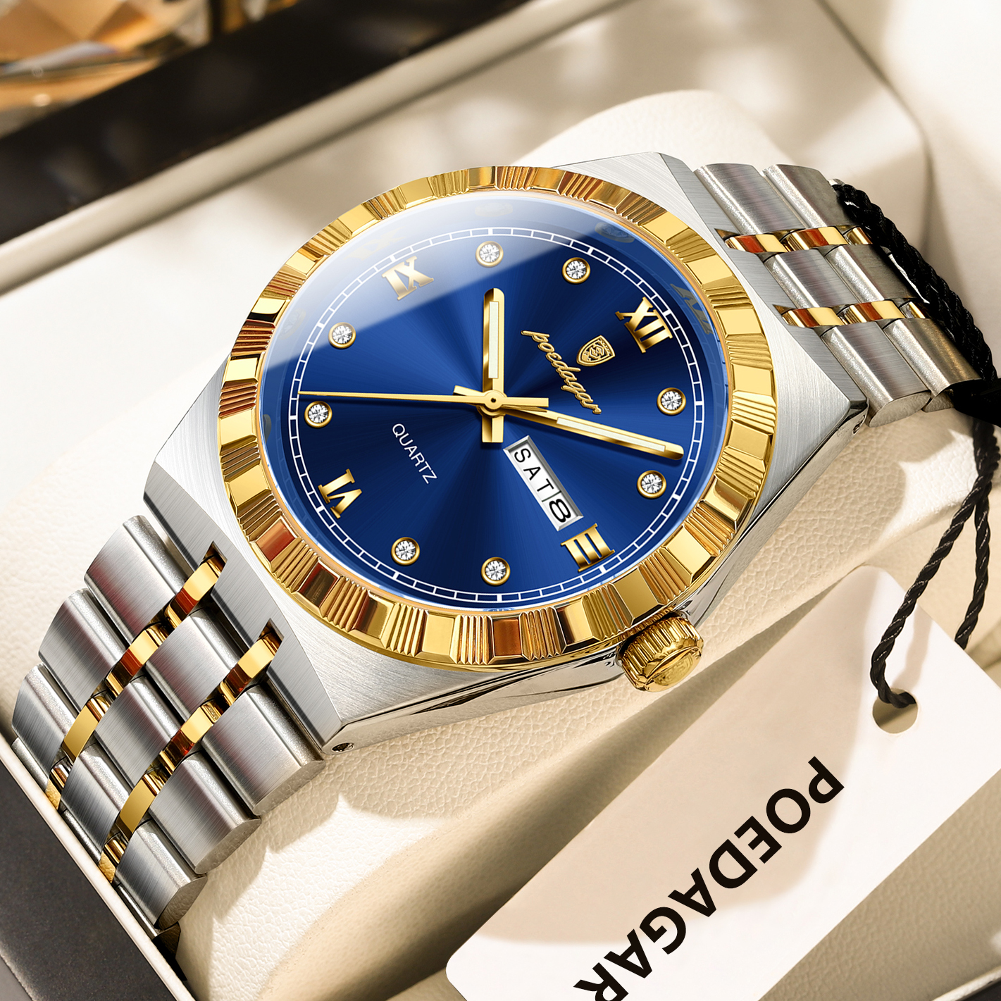 Luxury Mens Stainless Steel Quartz Watch With Week Date Waterproof Luminous Dial