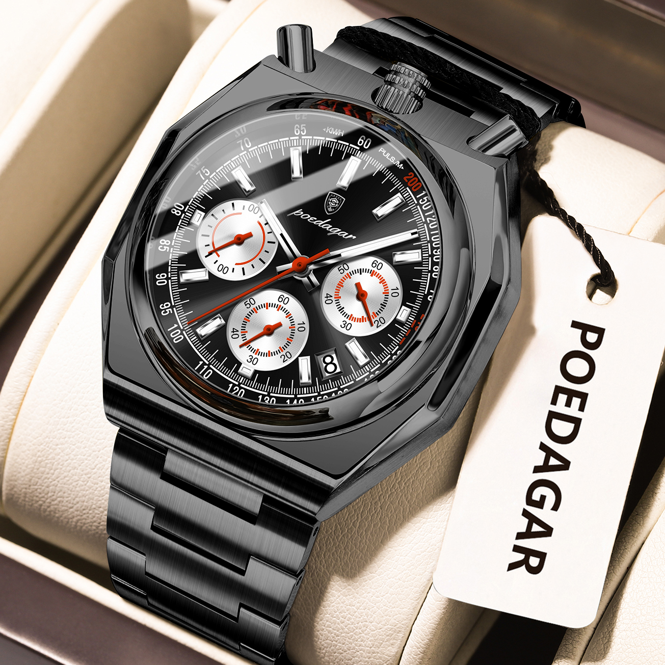 Luminous Stainless Steel Men Watch Chronograph Waterproof Luxury Quartz Date Watch