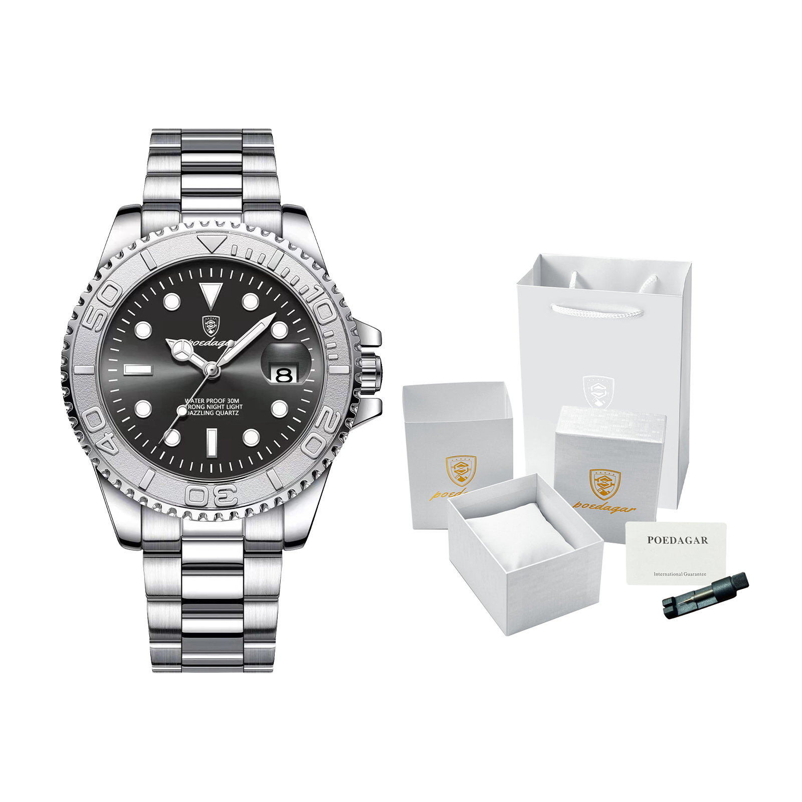 Luxury Stainless Steel Mens Quartz Watch with Waterproof Design and Luminous Date Display