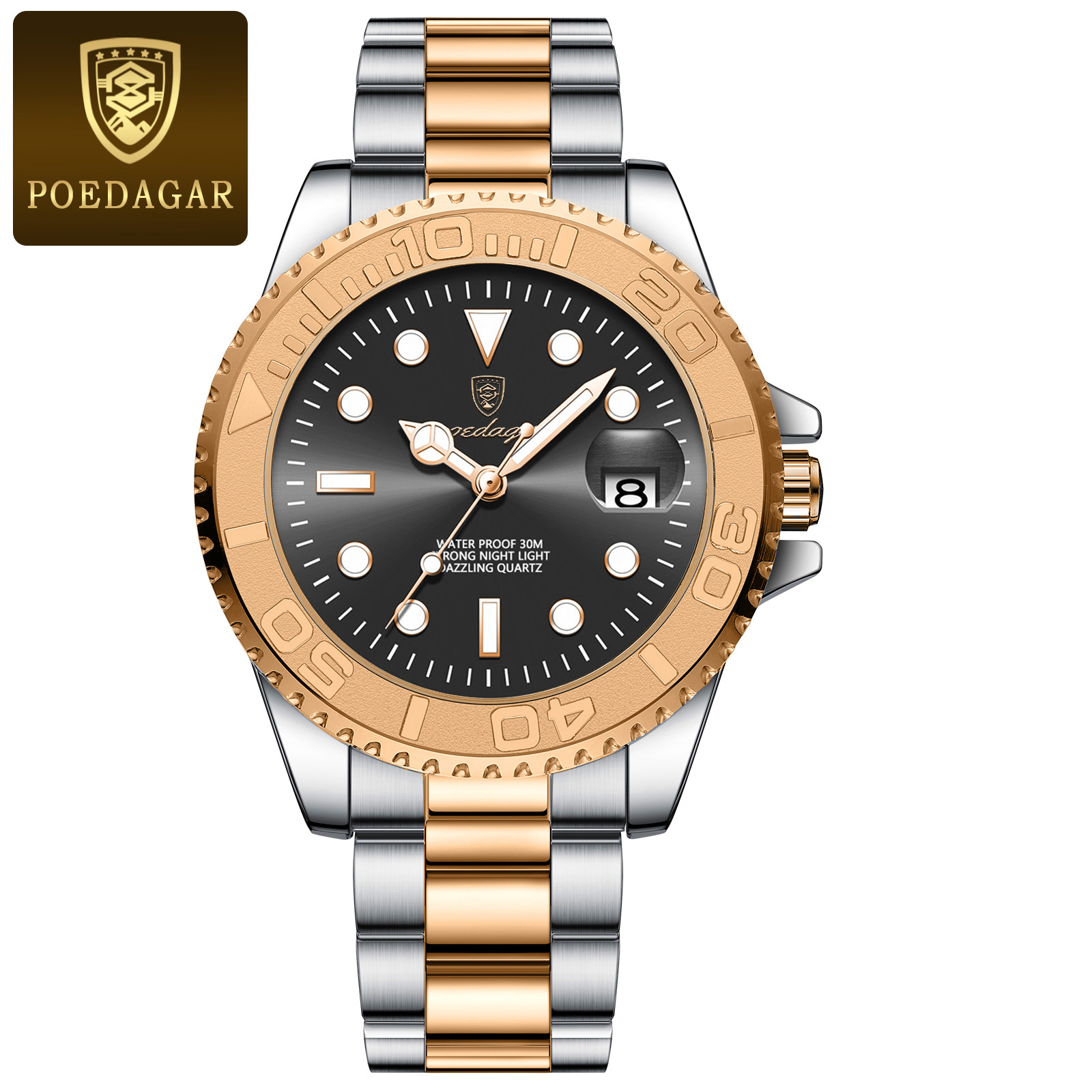 Luxury Stainless Steel Mens Quartz Watch with Luminous Dial Waterproof Date Display
