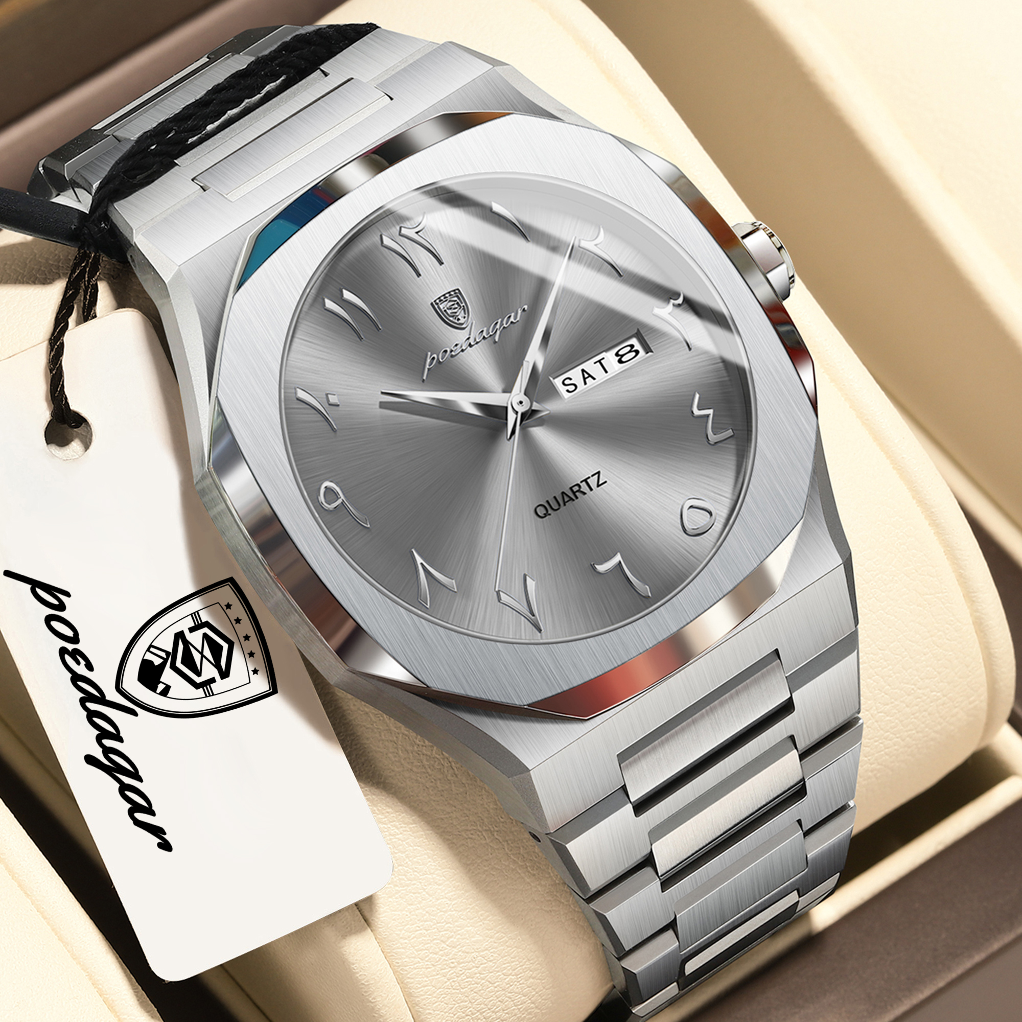 Luxury Mens Stainless Steel Quartz Watch with Waterproof Week Date Display
