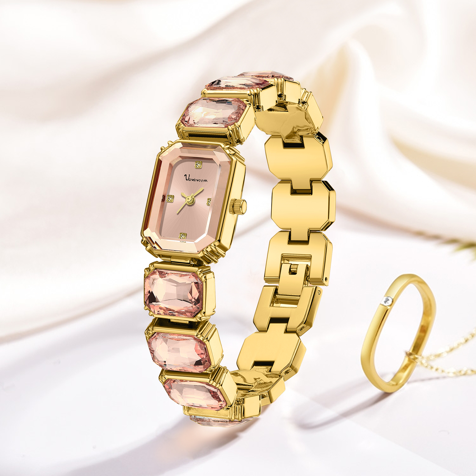 Luxury Rose Gold Square Rhinestone Stainless Steel Women Watch