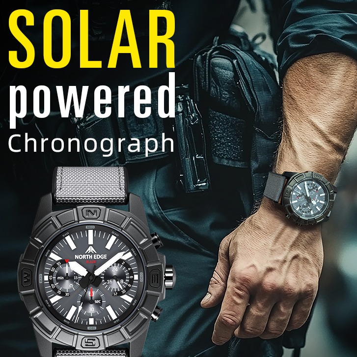 Solar Powered Pilot Chronograph Watch for Men Waterproof