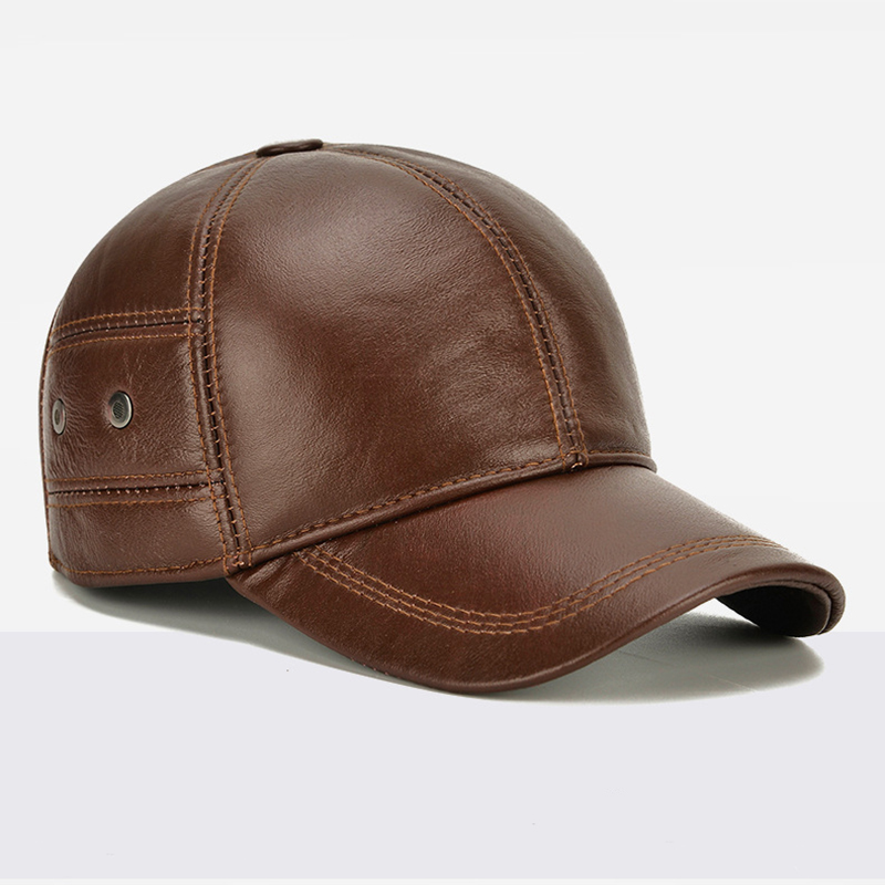 Mens Genuine Cowhide Leather Baseball Cap Winter Warm Ear Protection Outdoor Hat
