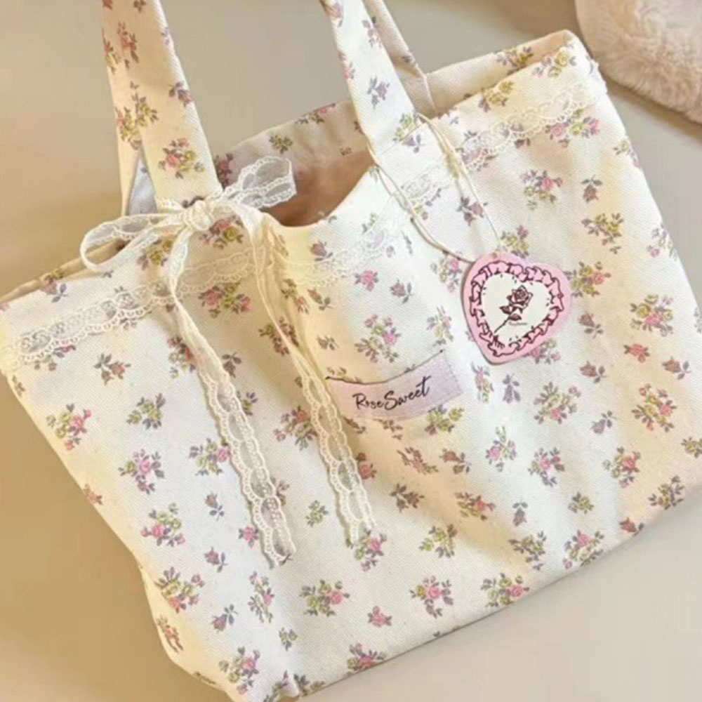 Large Capacity Floral Canvas Tote Bag with Lace Bow for Everyday Carry
