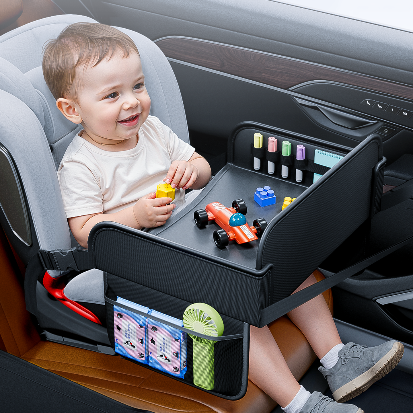 Kids Car Seat Travel Tray Leather Lap Desk with Phone Holder and Storage