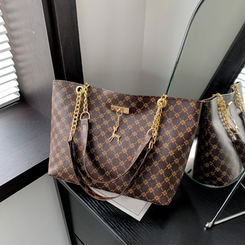 Women Large Capacity Plaid PU Leather Shoulder Tote Bag with Zipper Closure