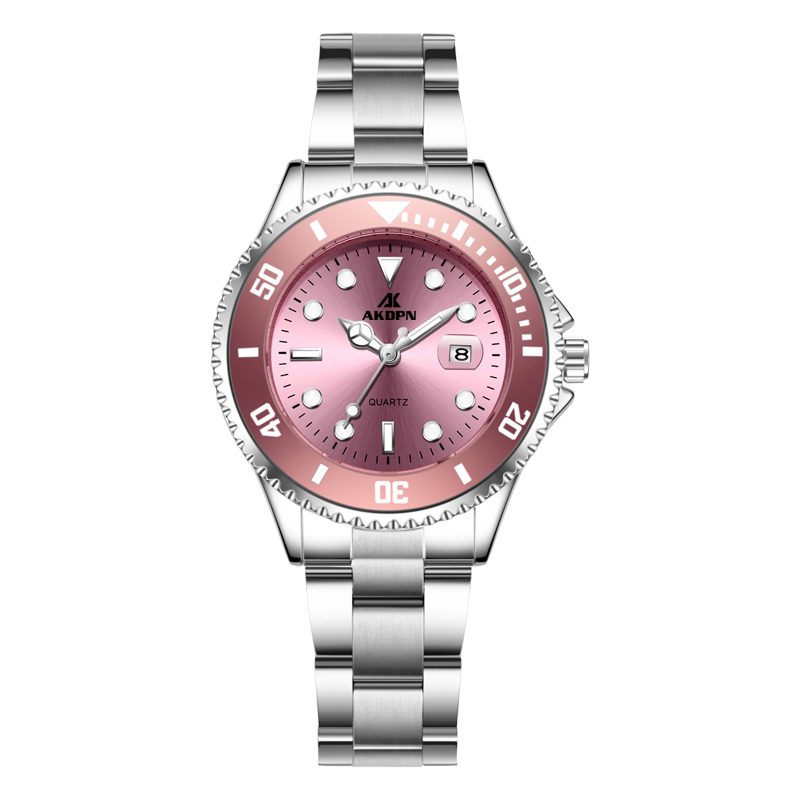Womens Stainless Steel Quartz Wristwatch with Pink Blue Green Numberless Dial