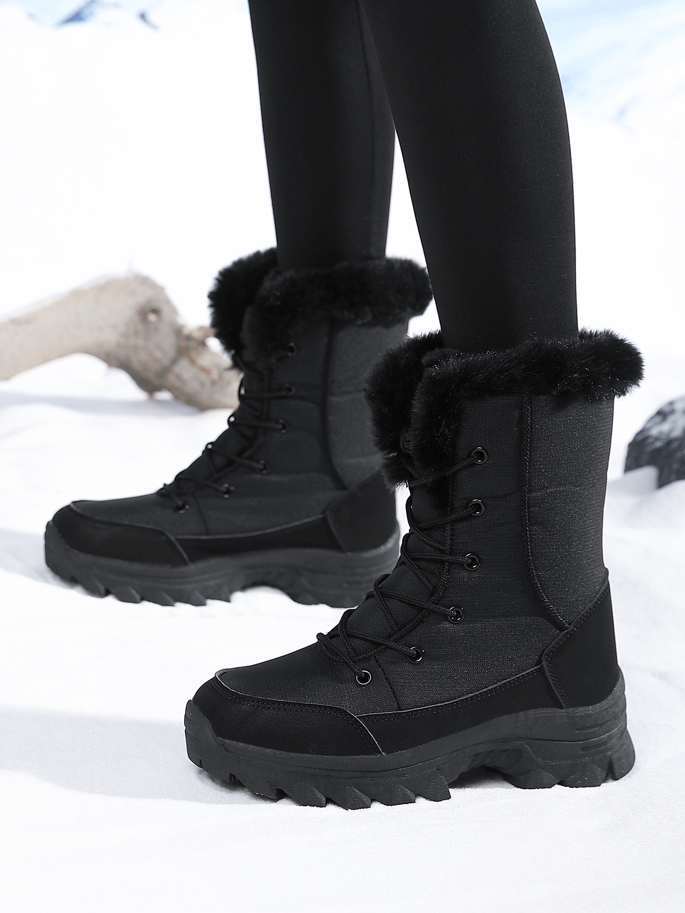 Womens Waterproof Snow Boots Mid Calf Warm Fleece Lined Winter Ski Boots Non Slip Outsole