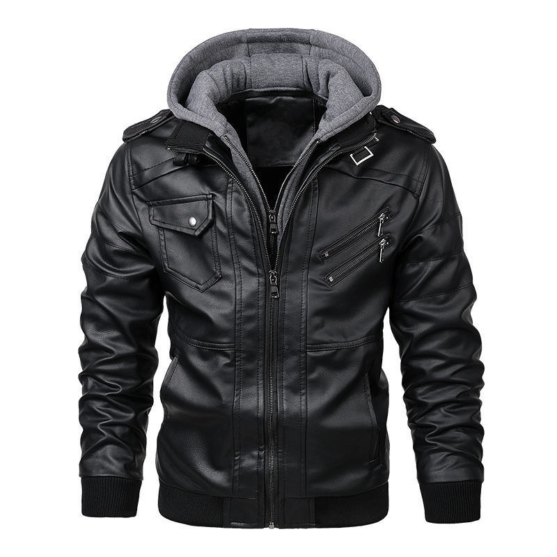 Men Casual Faux Leather Motorcycle Jacket with Detachable Hood