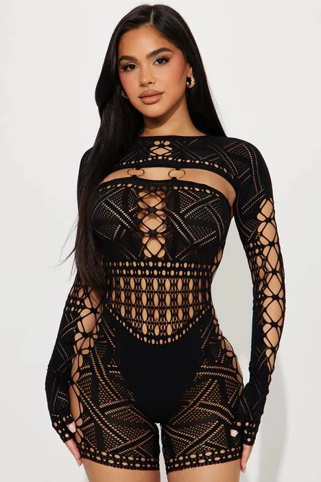 Sheer Mesh Jumpsuit Sexy Long Sleeve Clubwear Bodysuit Romper