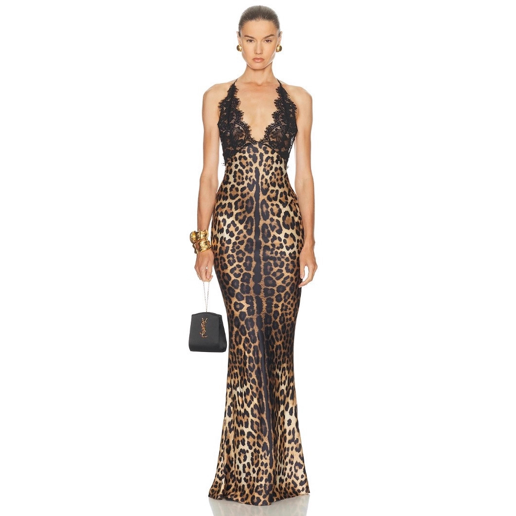 Leopard Print Maxi Dress for Women Backless Satin Halter Evening Party Gown