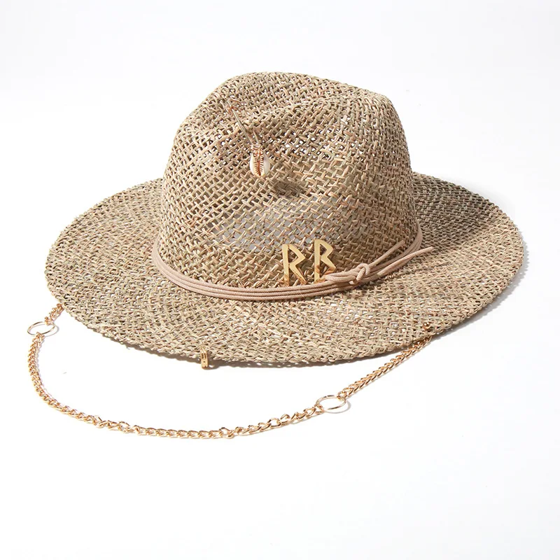 Straw Hat for Women with Chain Accent Decorative Women's Sun Hat for Beach & Summer Travel