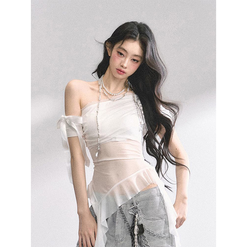 Women's Mesh Crop Top Asymmetrical Off Shoulder Streetwear Tee