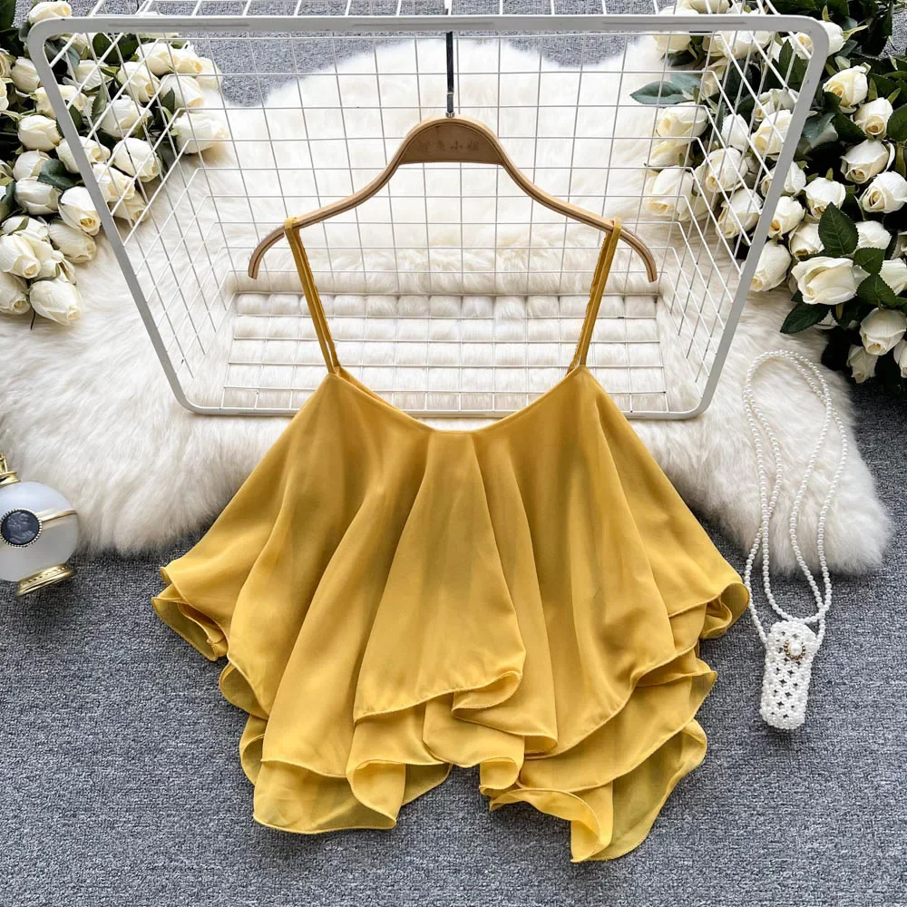 New Summer Spaghetti Straps Ruffle Sleeveless Tanks and Cami