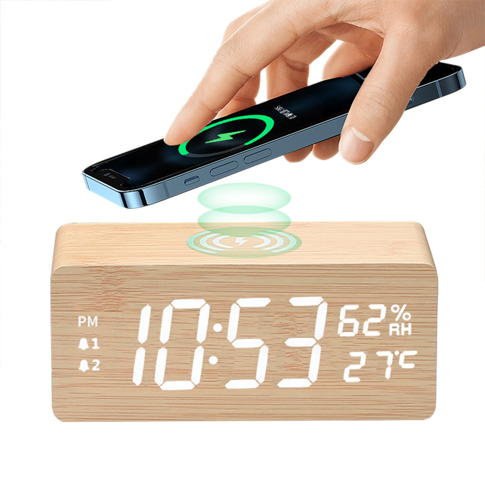 Fast Wireless Charging Alarm Clock Wooden LED Digital Desk Clock with Temperature Humidity Display