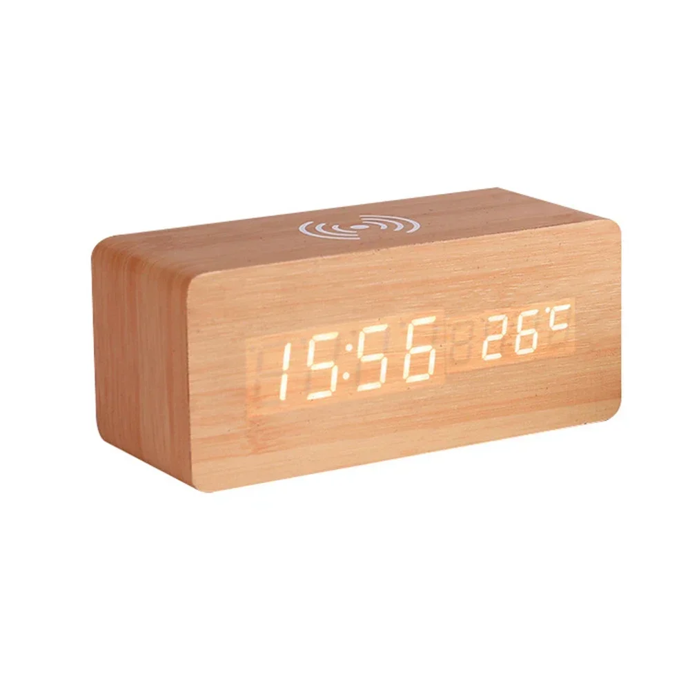 Wooden Digital Alarm Clock Wireless Charging LED Desk Clock With Thermometer