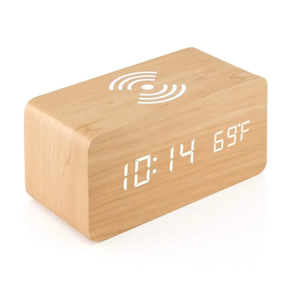 Wooden Digital Alarm Clock with Wireless Charging LED Bedside Clock Temperature and Humidity Display