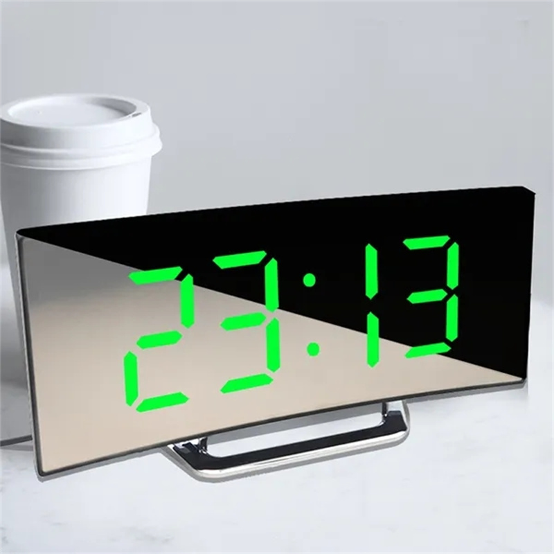 Curved Mirror LED Digital Alarm Clock with Large Display USB Powered Bedside Clock