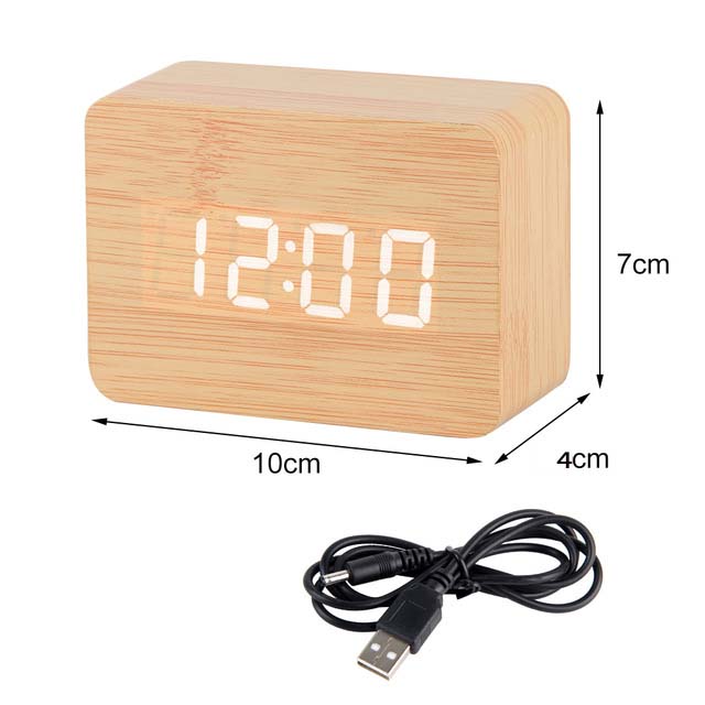 Smart LED Wooden Alarm Clock with Voice Control, Digital Desk Clock, USB and Battery Powered