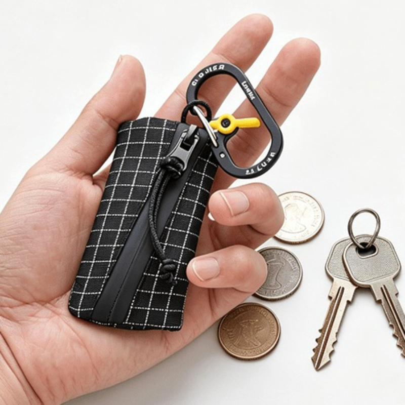 Plaid Mini Coin Purse Keychain Wallet with Carabiner