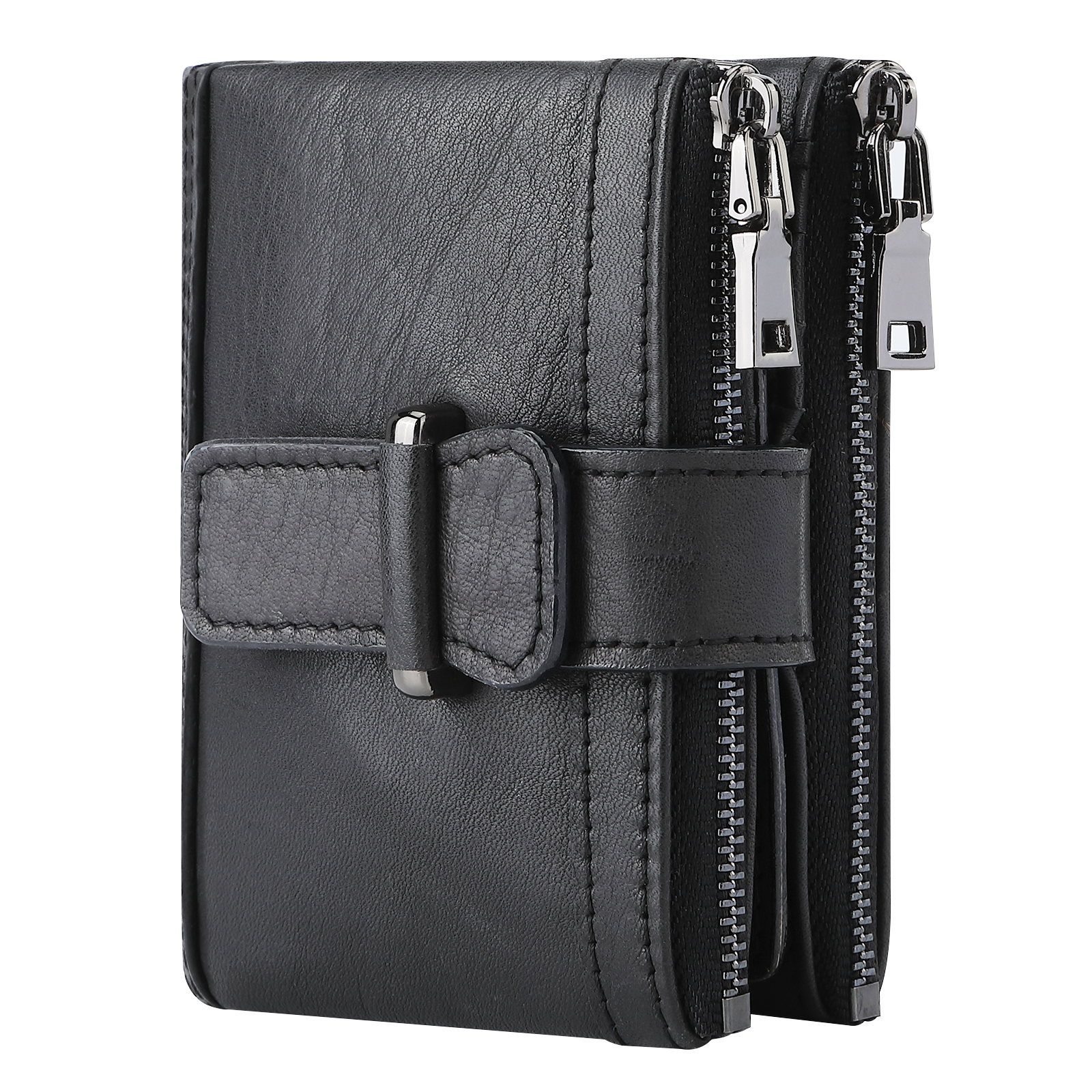 Vintage Genuine Cow Leather Zipper Wallet for Men with Buckle