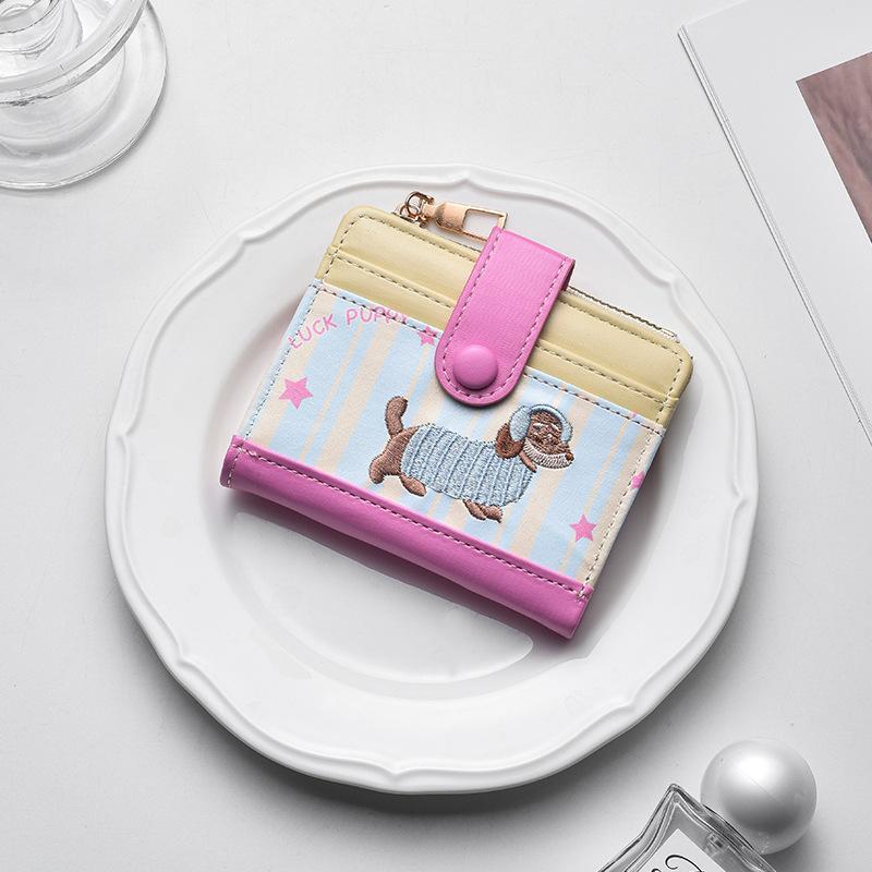 Cute Dachshund Card Holder PU Leather Slim Wallet with Zipper Pocket