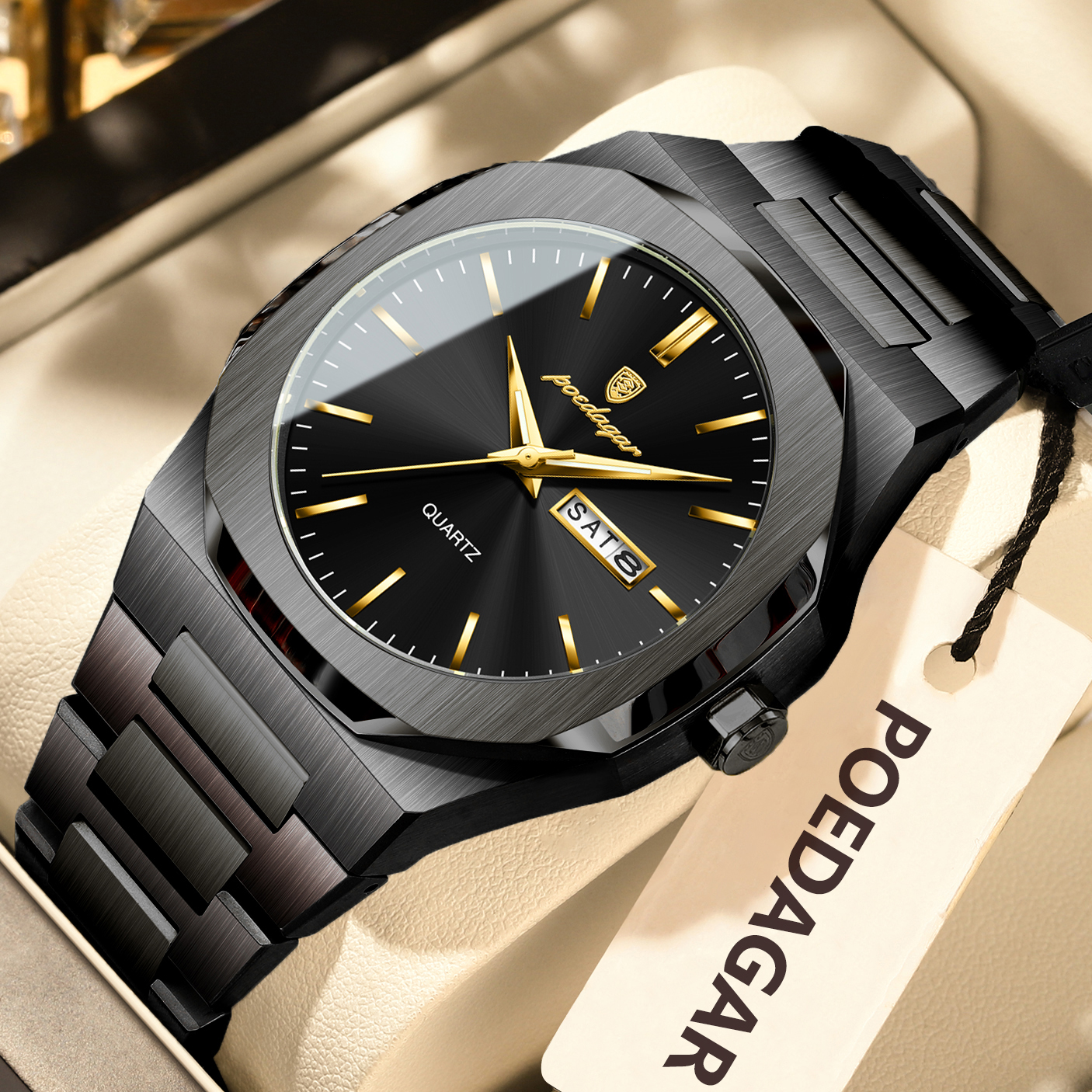 Luxury Waterproof Luminous Stainless Steel Men Quartz Watch with Date Week Display