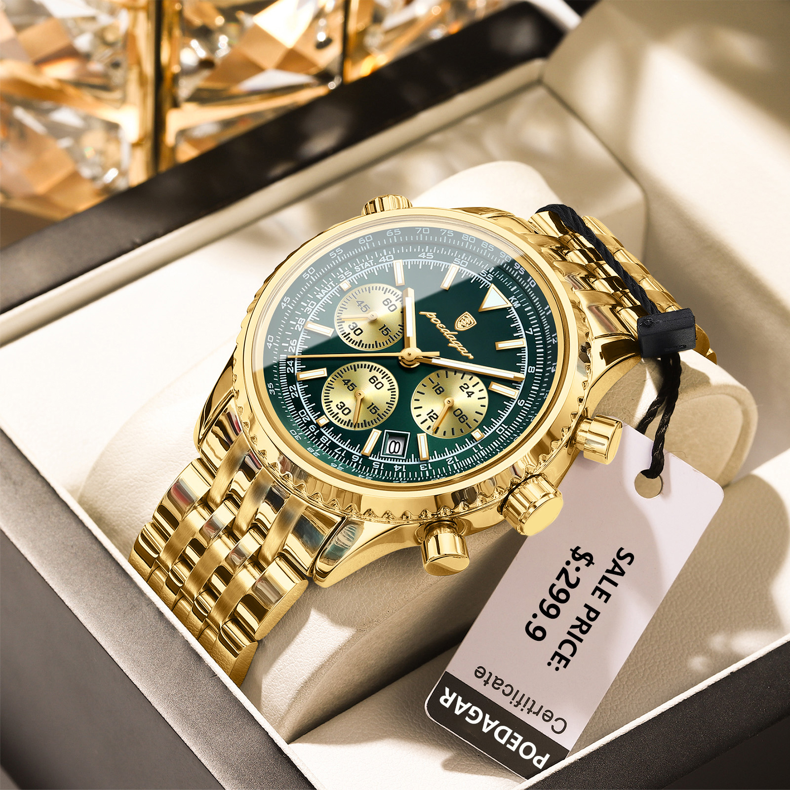 Luxury Men's Chronograph Stainless Steel Quartz Watch Waterproof Luminous Sports Watch